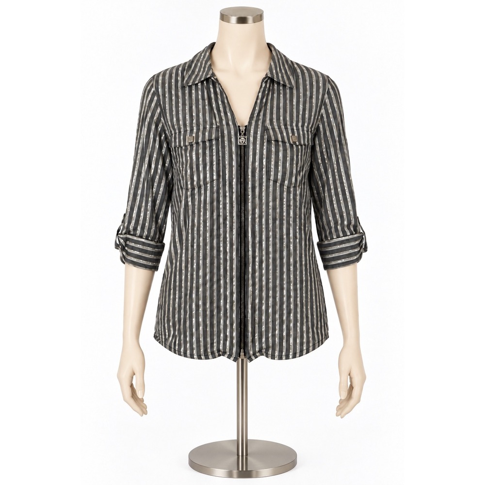 Anne Klein Metallic Gold Striped Zip Front Utility Top Grey White Size L16
